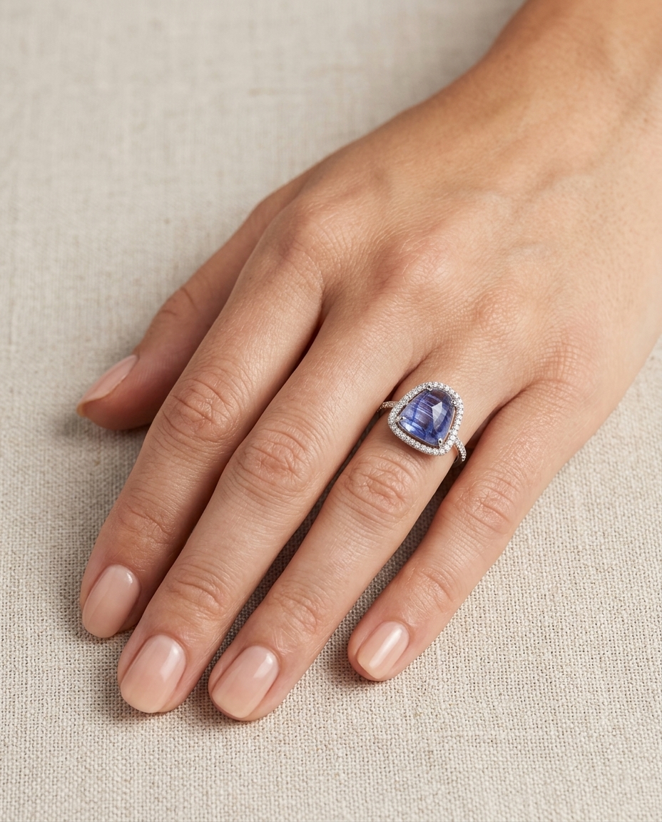 14KT White Gold Tanzanite and Diamonds Ring on model