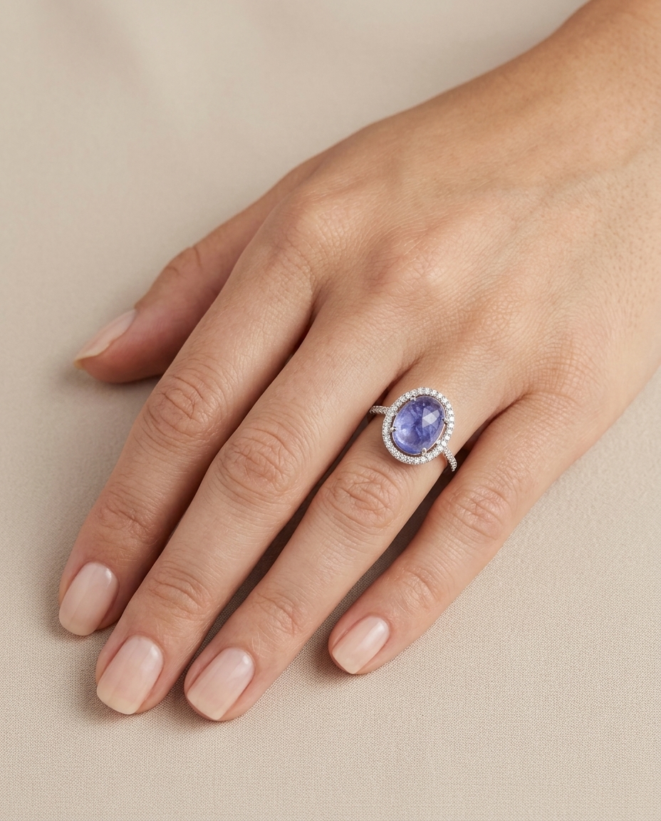 14KT White Gold Tanzanite and Diamonds Ring on model