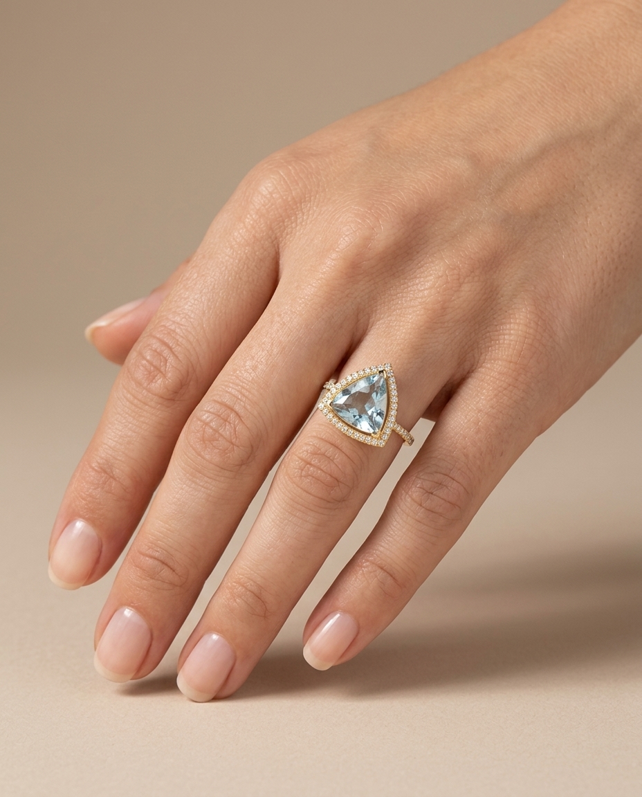 14KT Yellow Gold Aquamarine and Diamonds Ring view 2