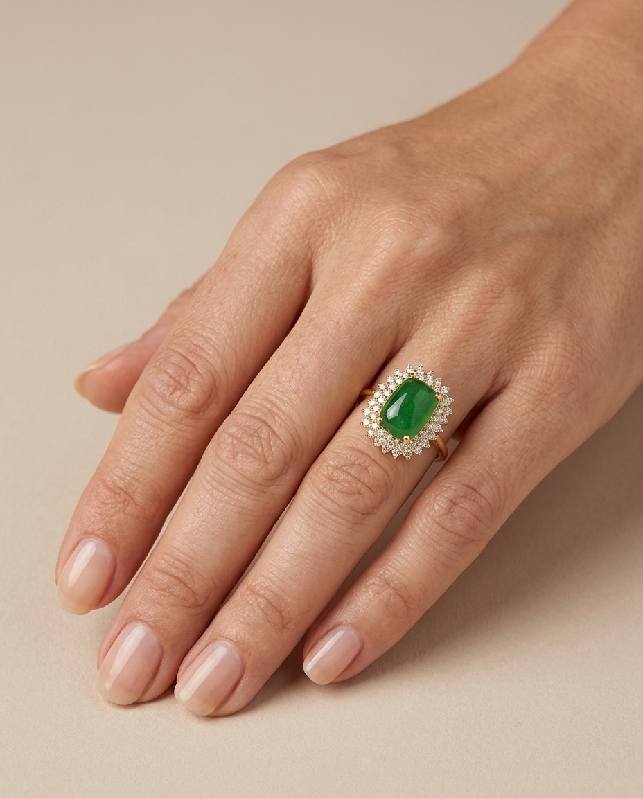 14KT Yellow Gold Tsavorite and Diamonds Ring on model