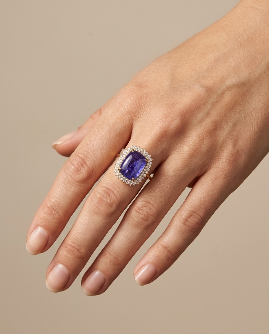 14KT Yellow Gold Tanzanite and Diamonds Ring on model