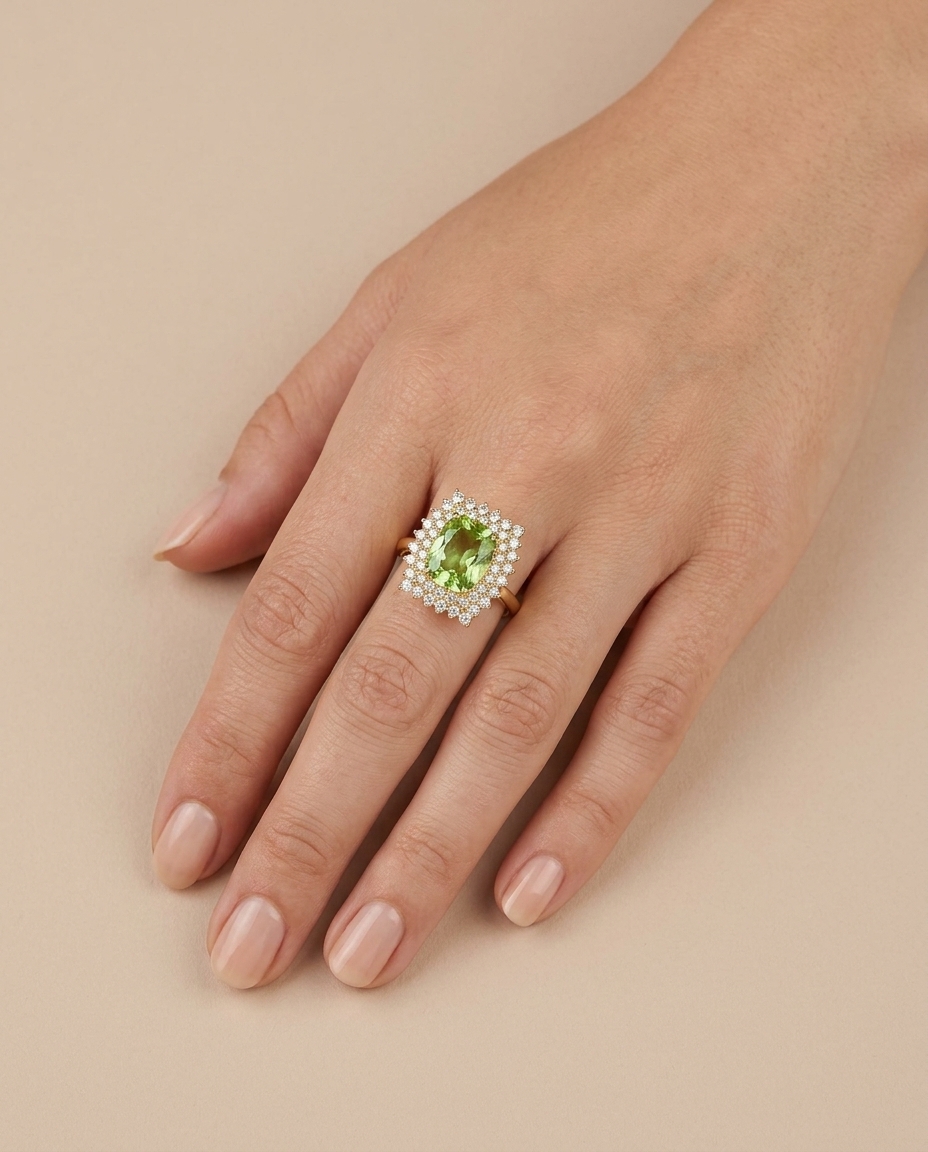 14KT Yellow Gold Green Tourmaline and Diamonds Ring on model