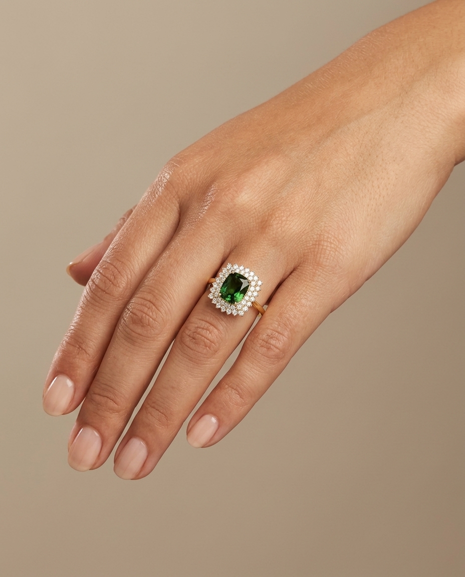 14KT Yellow Gold Green Tourmaline and Diamonds Ring on model