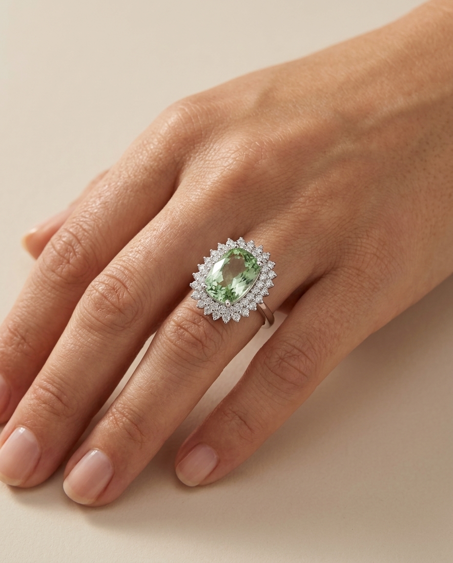 14KT White Gold Green Tourmaline and Diamonds Ring on model