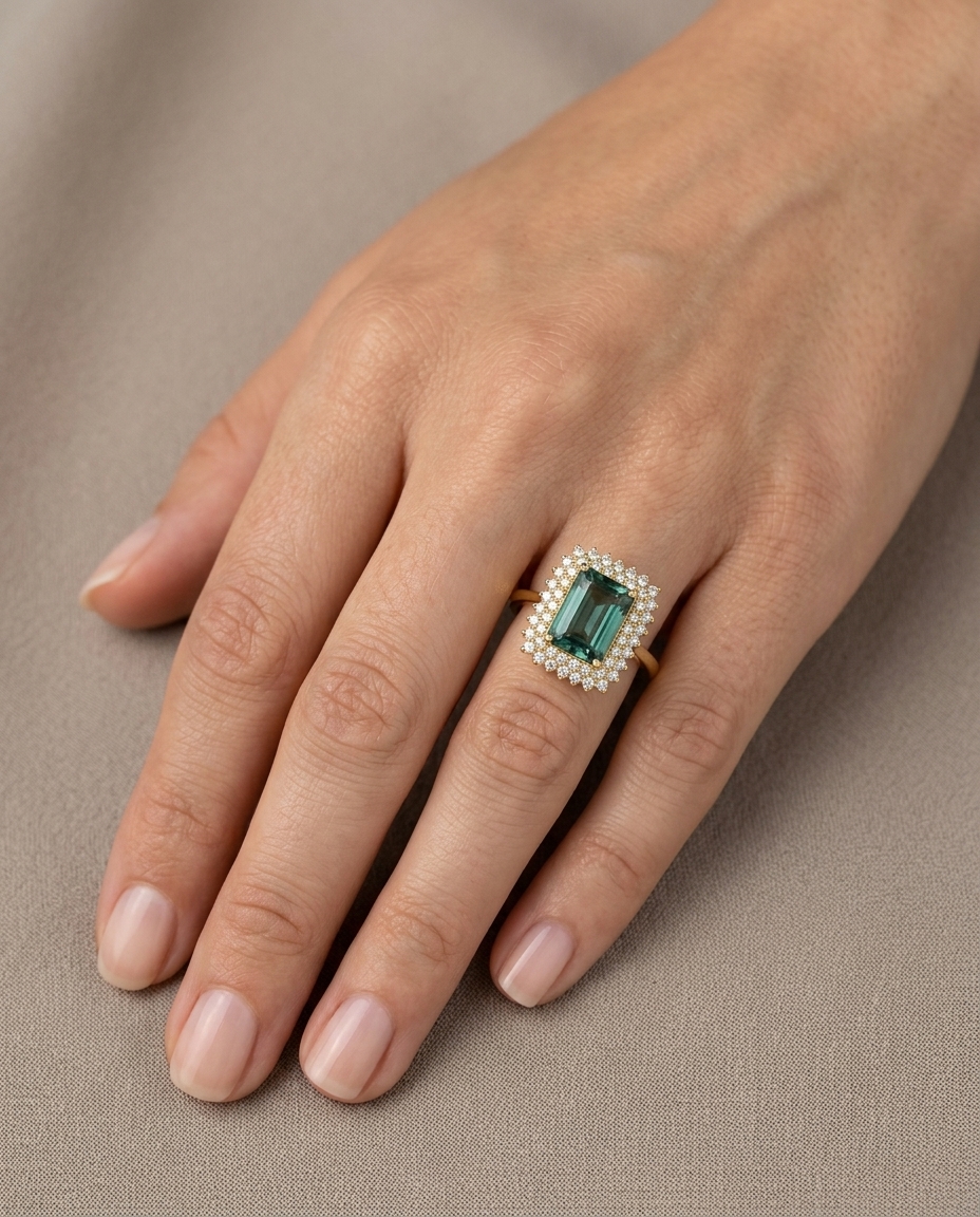 14KT Yellow Gold Green Tourmaline and Diamonds Ring view 2
