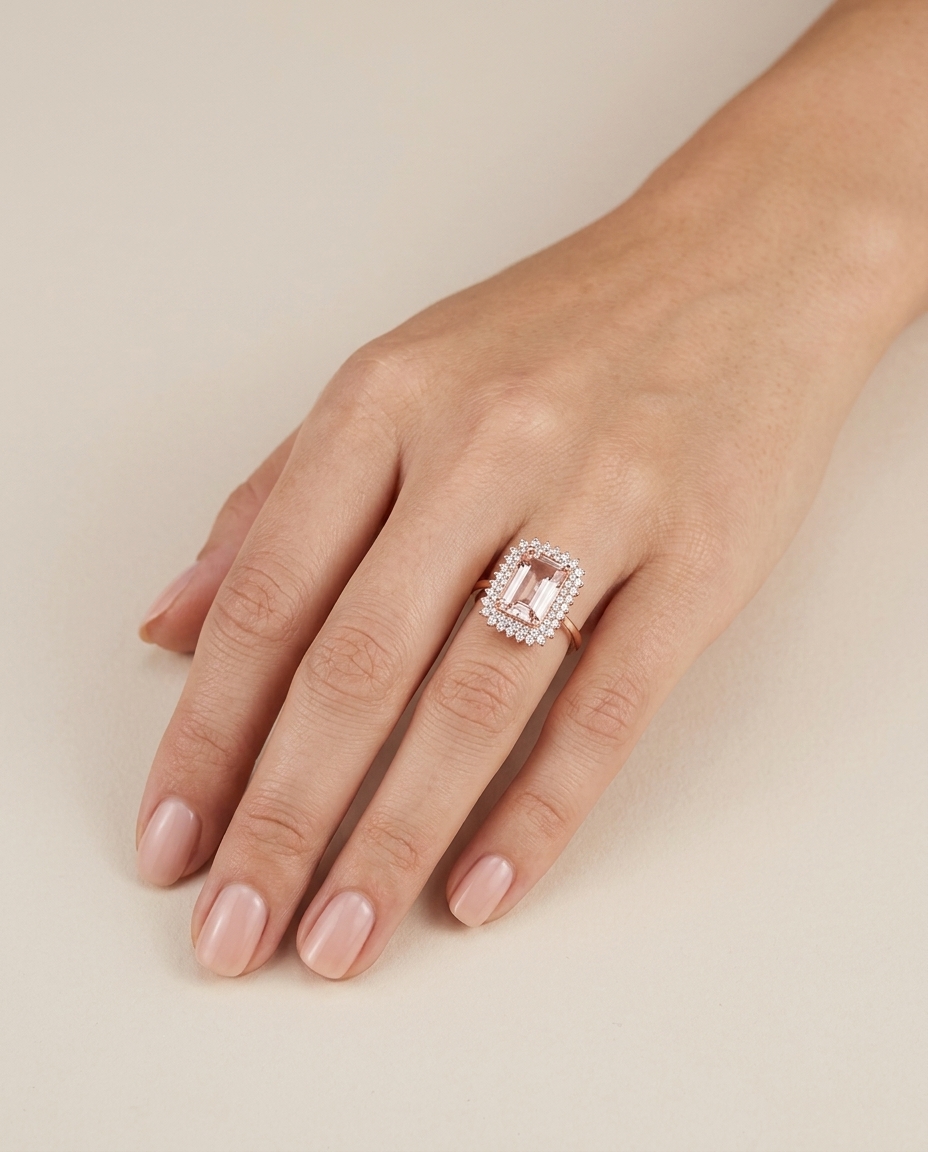 14KT Yellow Gold Morganite and Diamonds Ring on model
