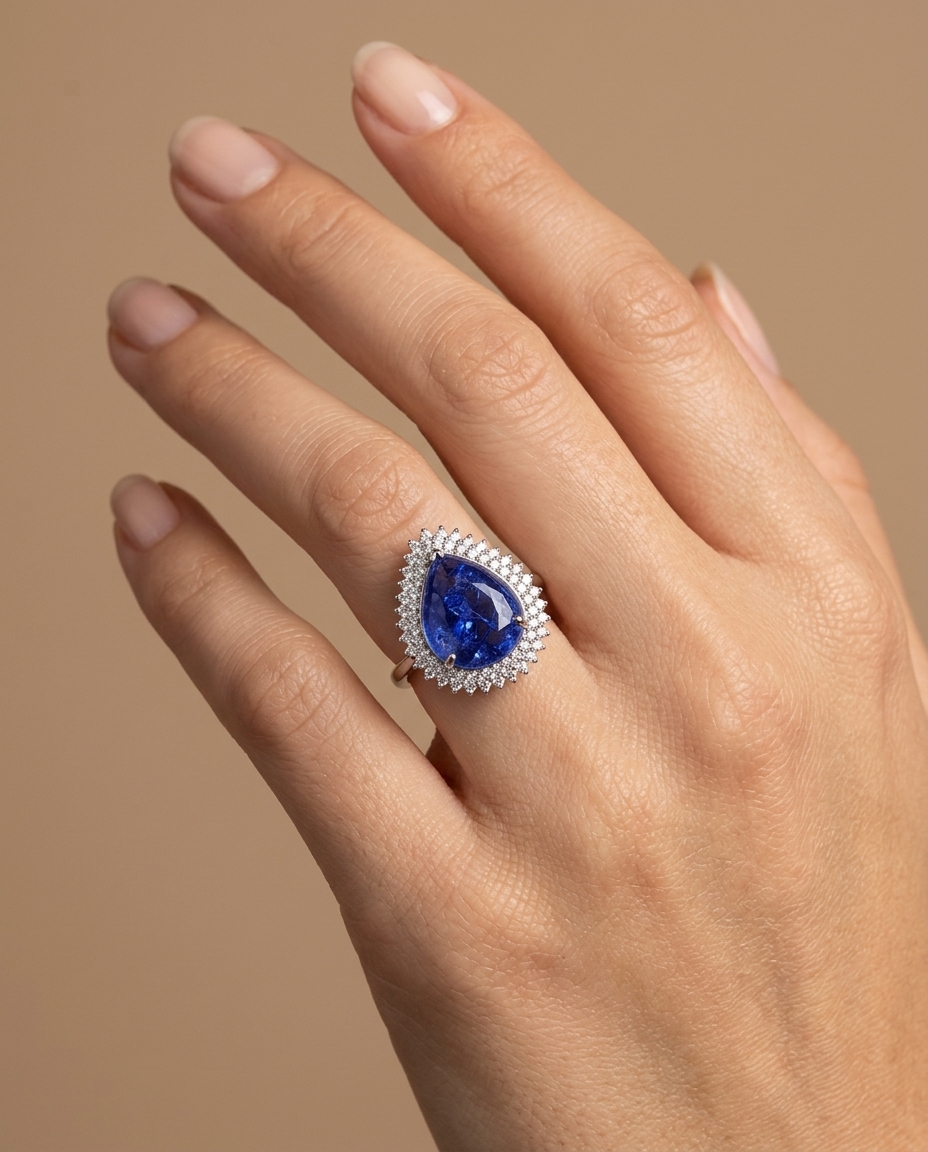 14KT Whitegold Tanzanite and Diamonds Ring on model