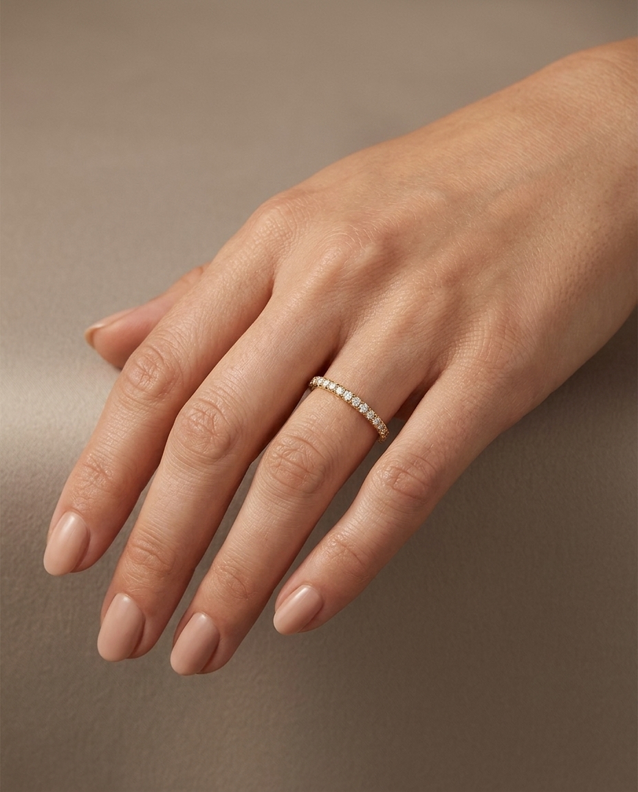 14KT Gold Half Eternity Diamond Thin Ring Band on model