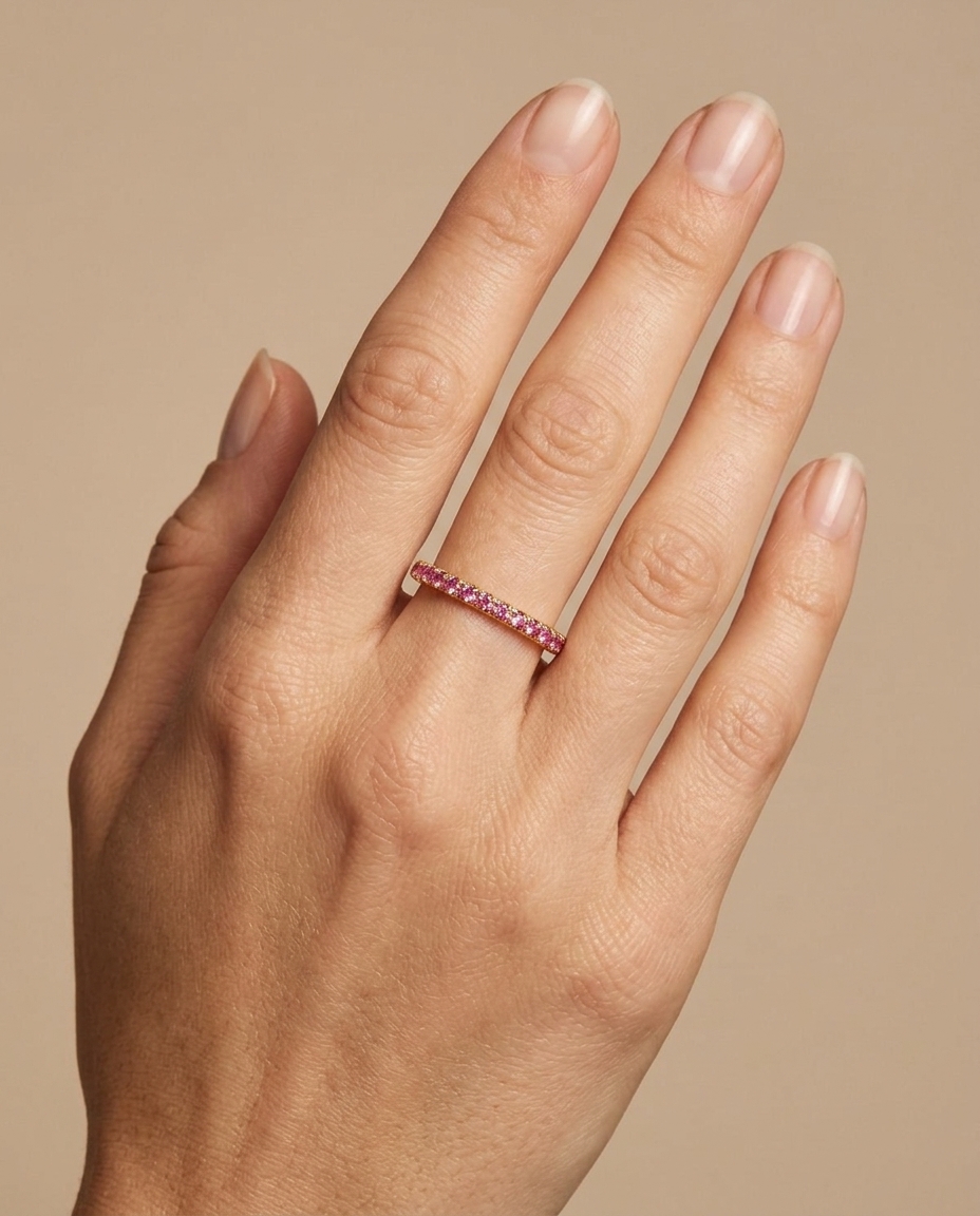 14KT Gold Half Eternity Pink Sapphire Thin Ring Band view 2
