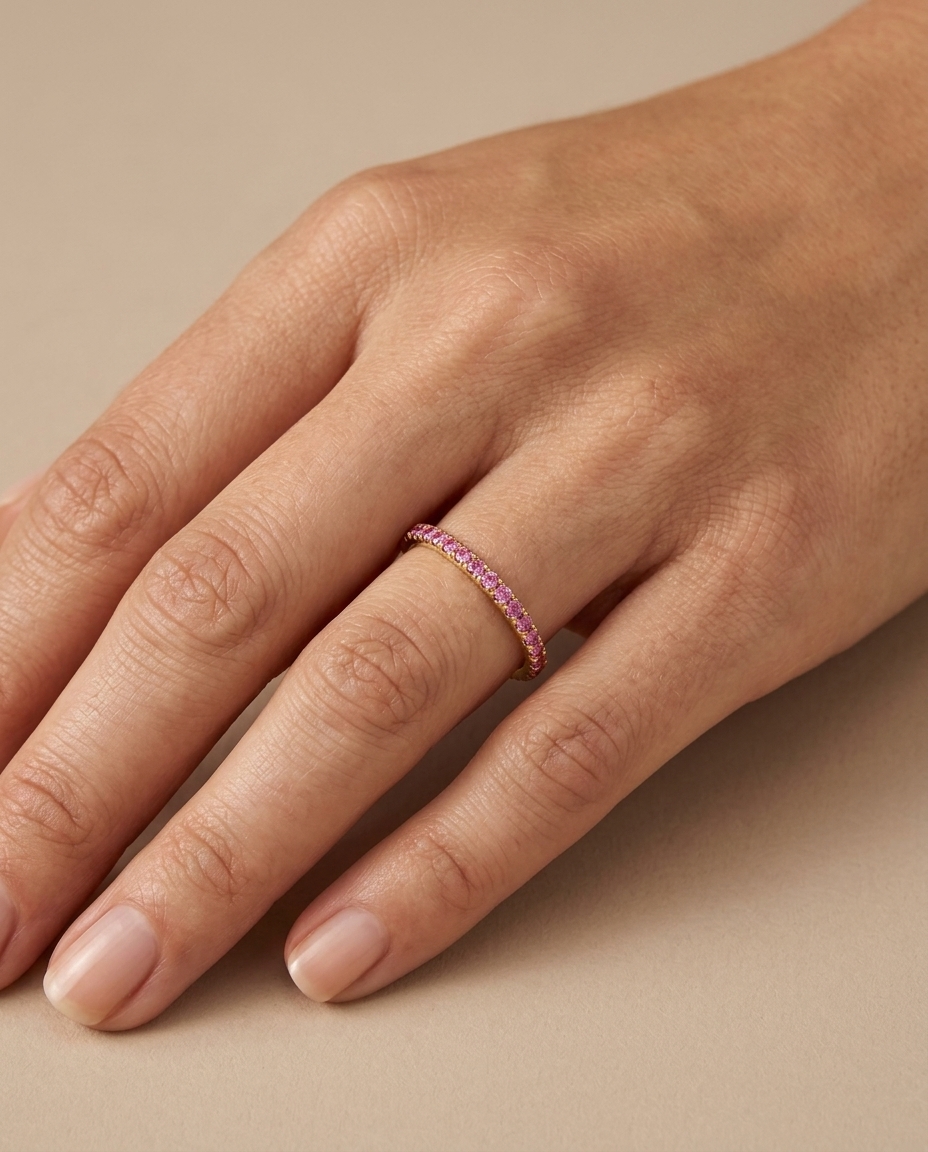 14KT Gold Half Eternity Pink Sapphire Thin Ring Band view 2