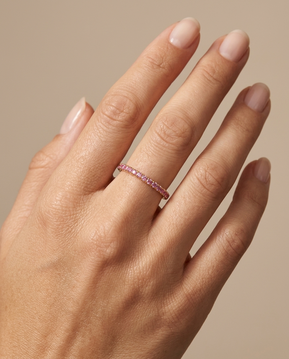 14KT Gold Half Eternity Pink Sapphire Thin Ring Band on model