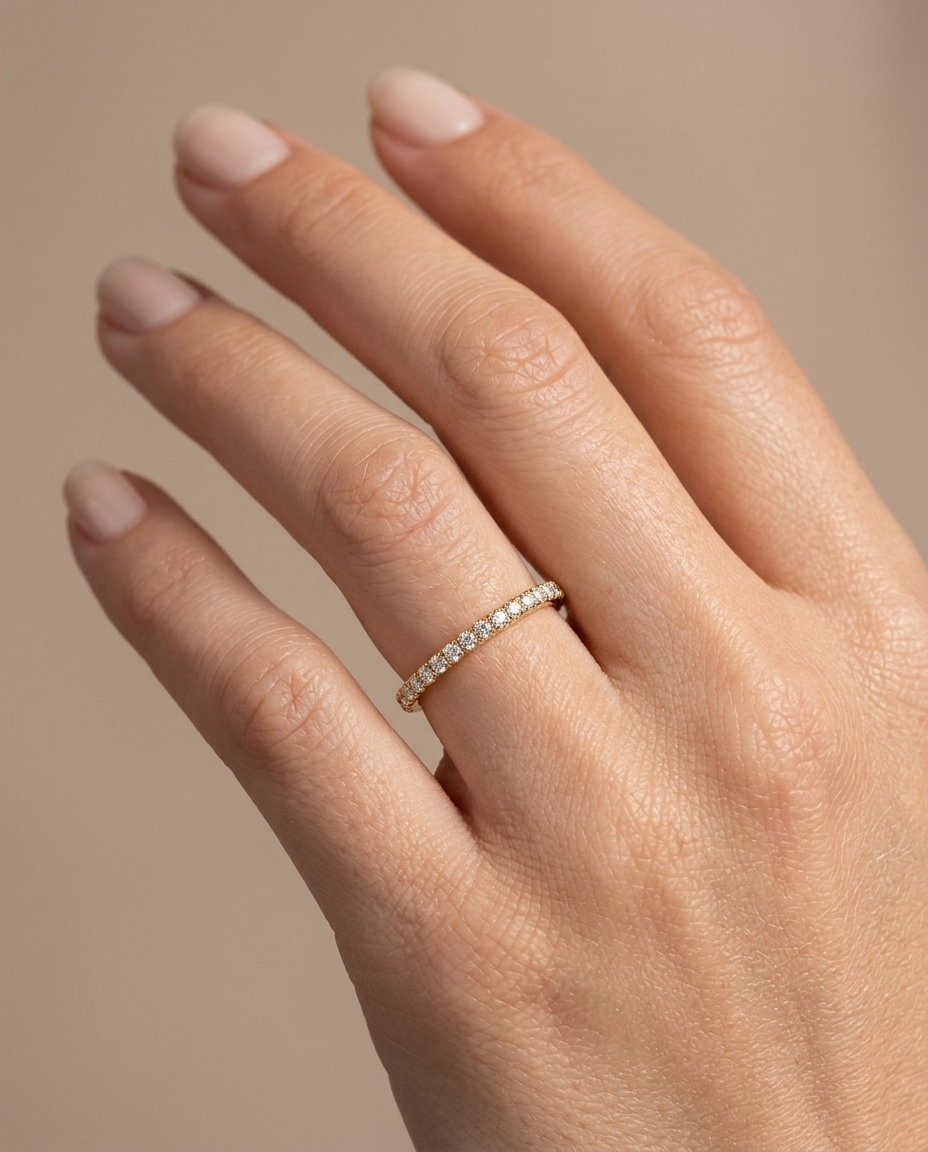 14KT Gold Half Eternity Diamond Thin Ring Band on model