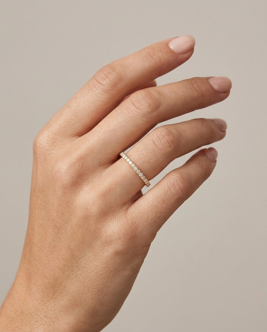 14KT Gold Half Eternity Diamond Thin Ring Band on model