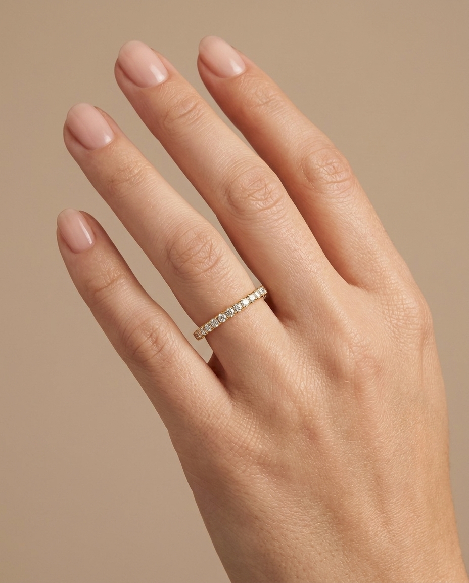 14KT Gold Half Eternity Diamond Thin Ring Band on model
