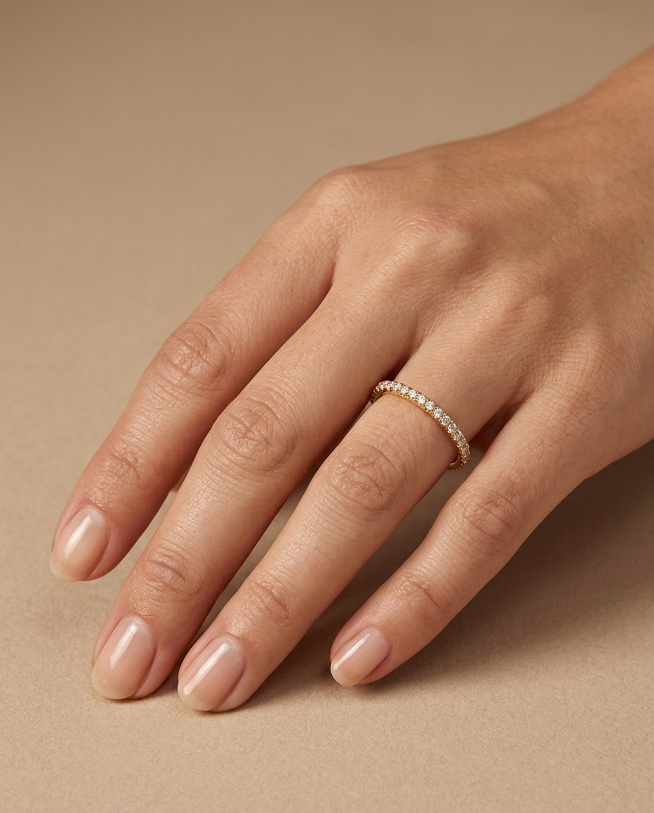 14KT Gold Half Eternity Diamond Thin Ring Band on model