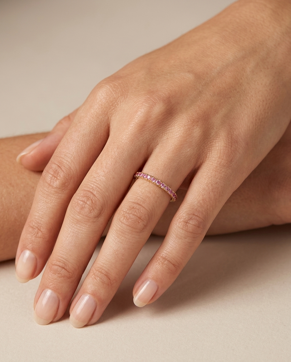 14KT Gold Half Eternity Pink Sapphire Thin Ring Band on model