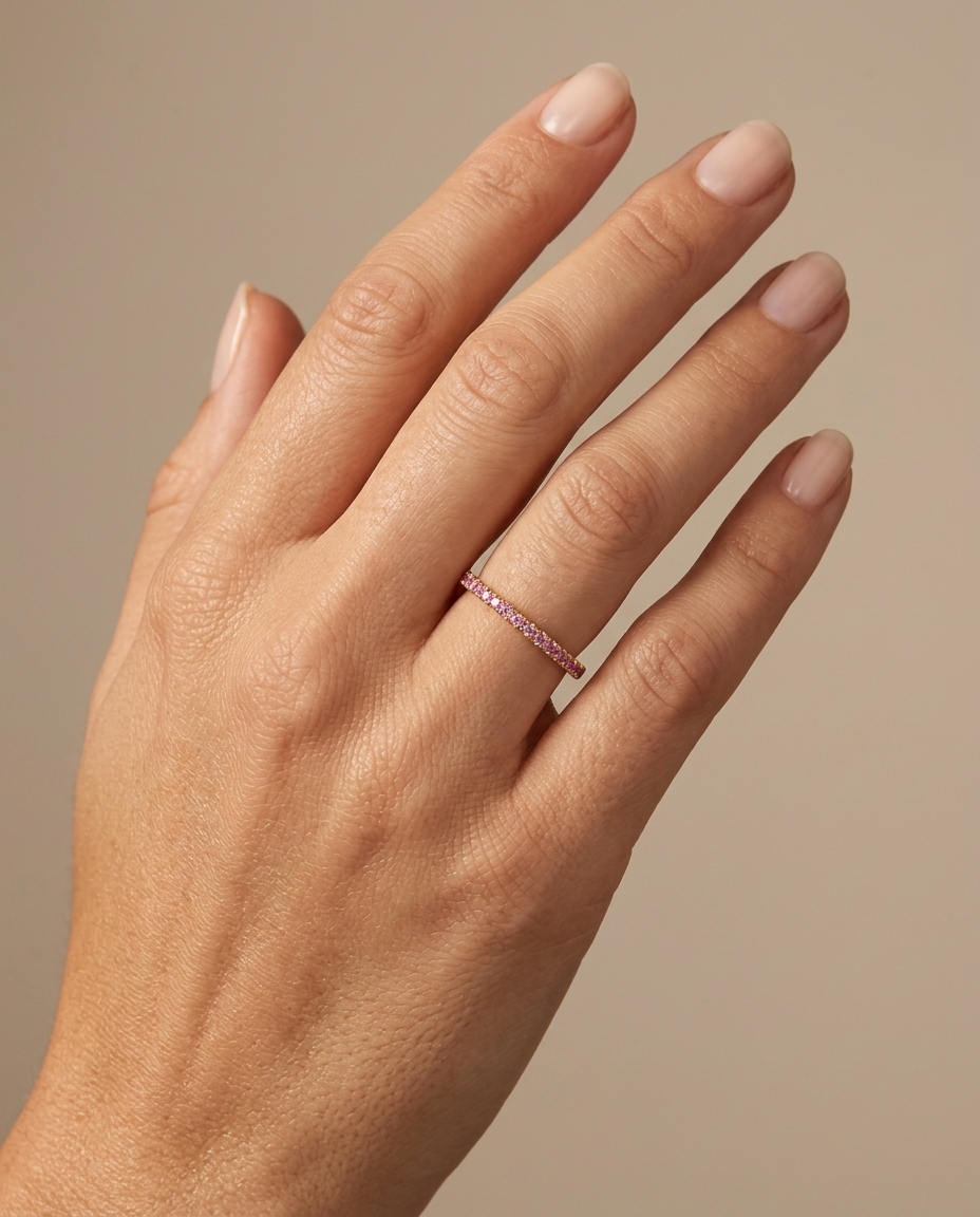 14KT Gold Half Eternity Pink Sapphire Thin Ring Band on model