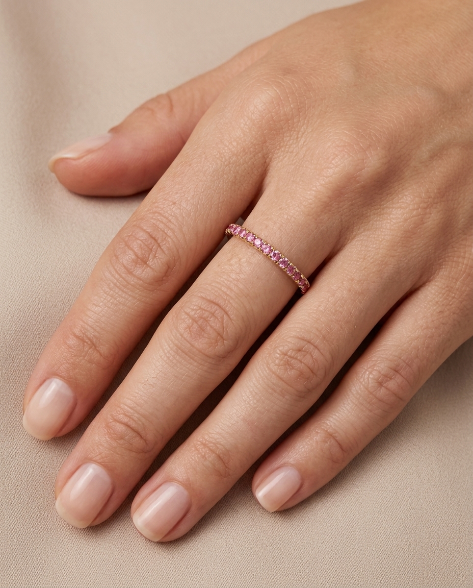 14KT Gold Half Eternity Pink Sapphire Thin Ring Band on model