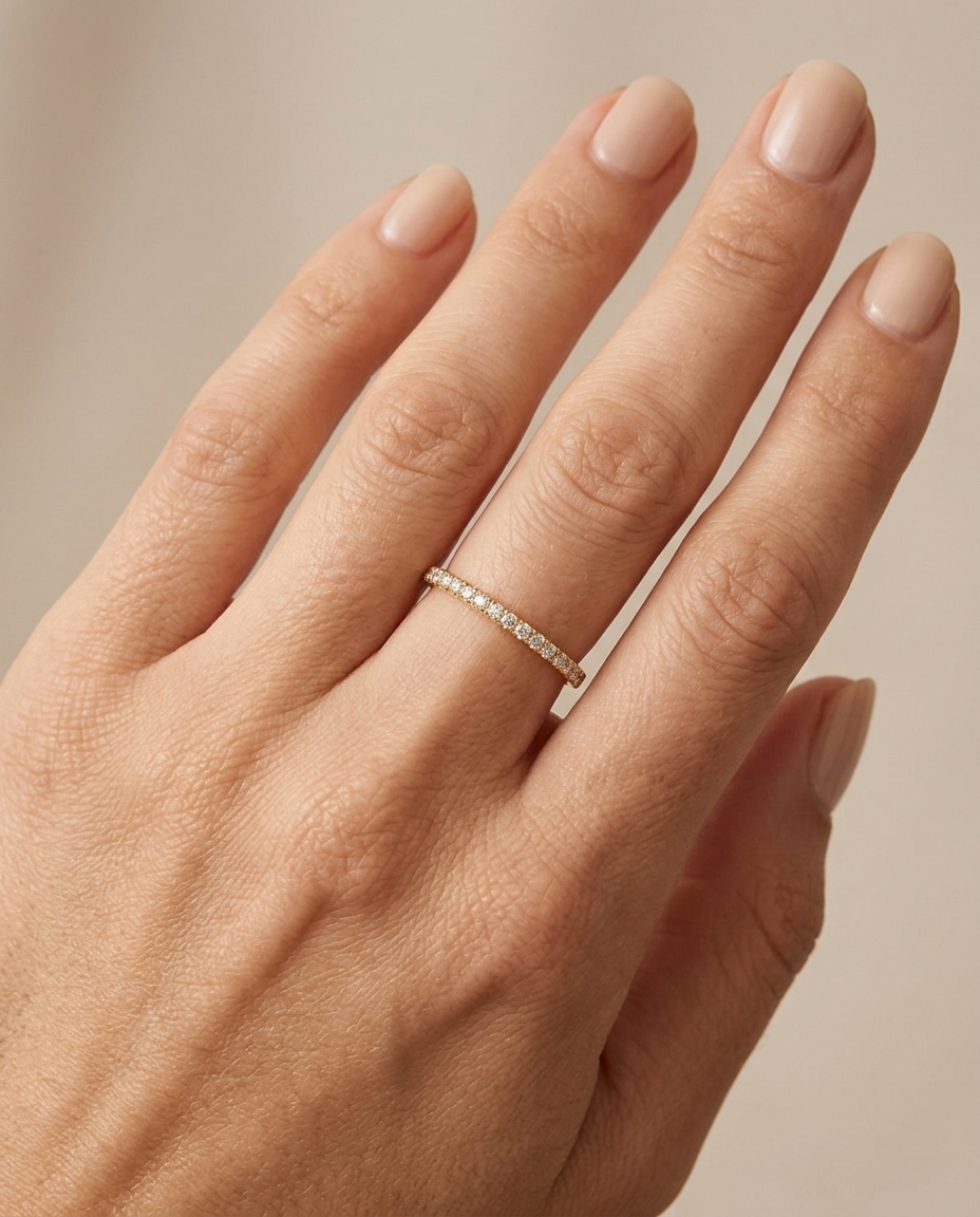 14KT Gold Half Eternity Diamond Thin Ring Band view 2