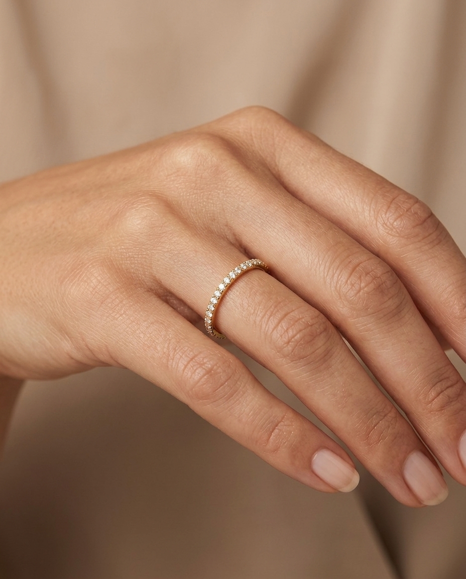14KT Gold Half Eternity Diamond Thin Ring Band view 2