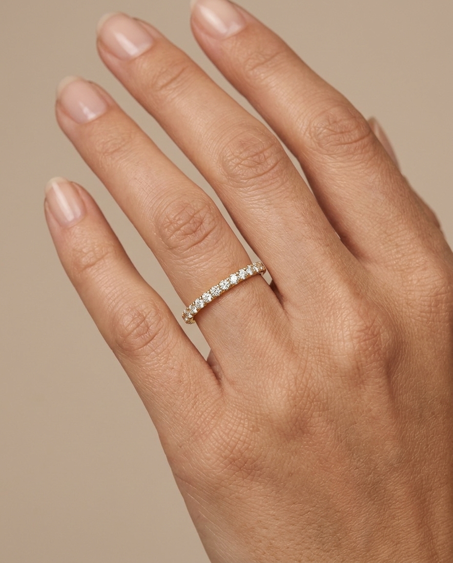14KT Gold Half Eternity Diamond Thin Ring Band view 2