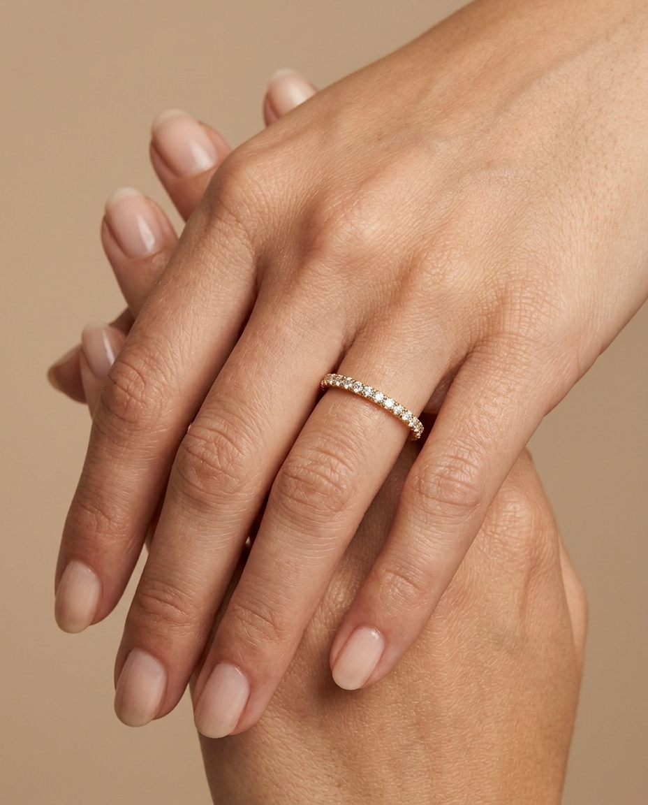 14KT Gold Half Eternity Diamond Thin Ring Band on model