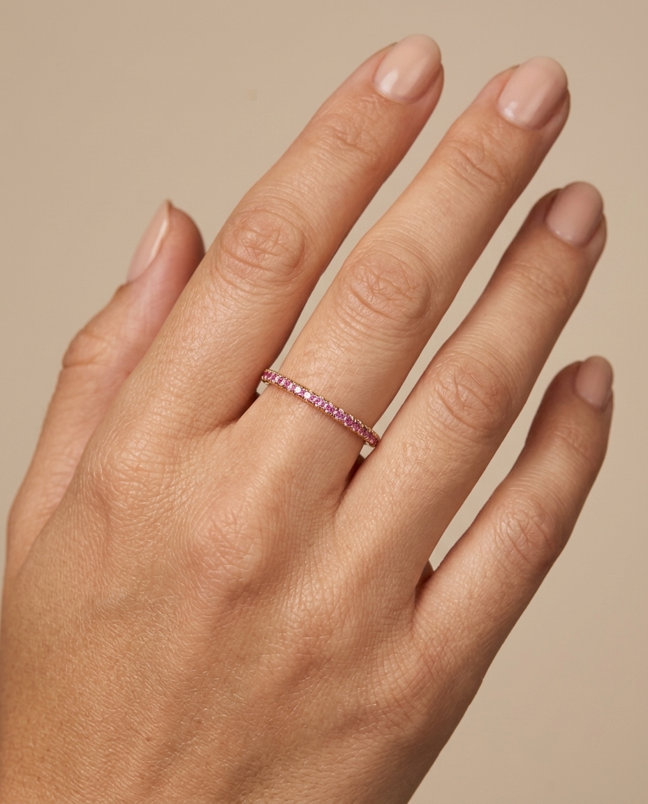 14KT Gold Half Eternity Pink Sapphire Thin Ring Band on model