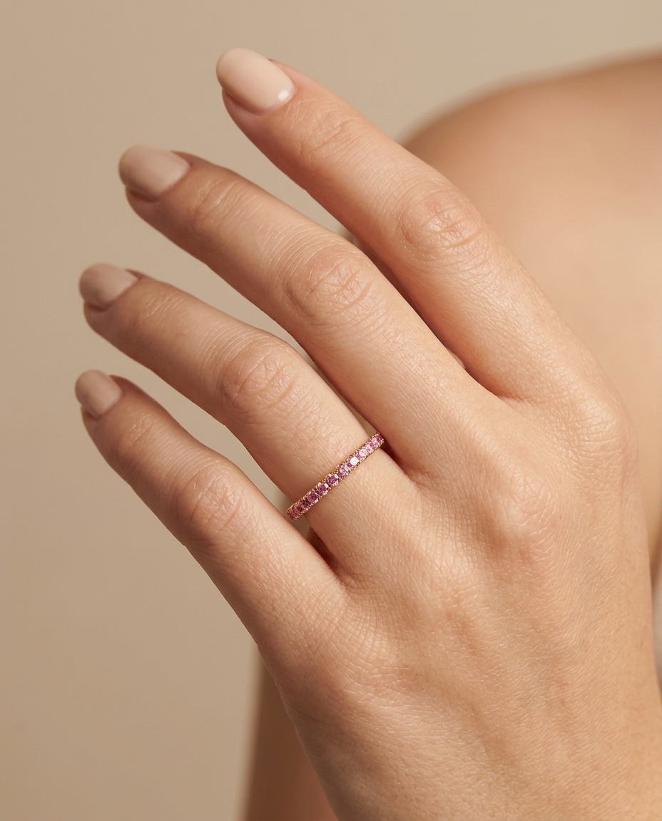 14KT Gold Half Eternity Pink Sapphire Thin Ring Band on model