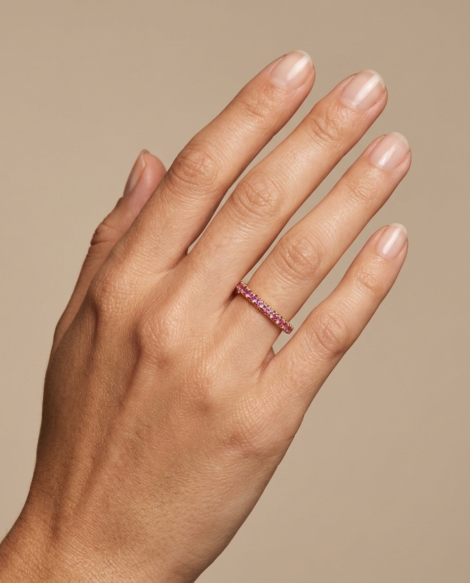 14KT Gold Half Eternity Pink Sapphire Thin Ring Band on model