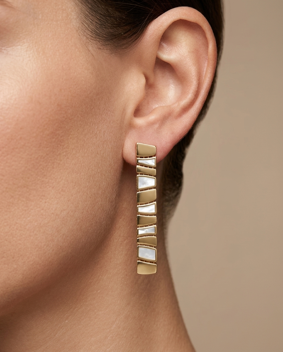 14KT Yellow Gold Mother of Pearl Earring on model