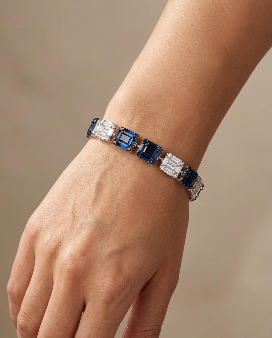 18KT Gold Blue Sapphire & Diamond Baguette Bracelet view 2