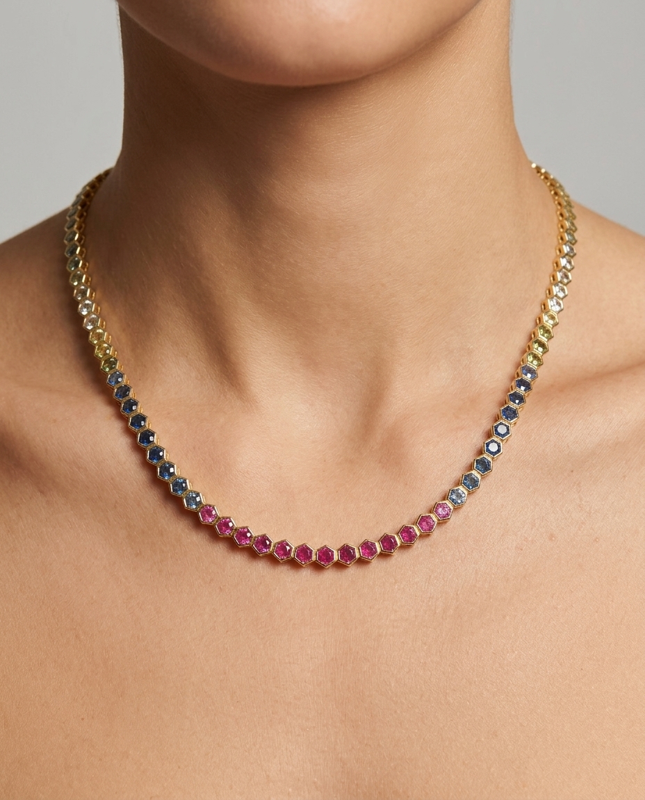 14KT Gold Multi Sapphire Necklace on model