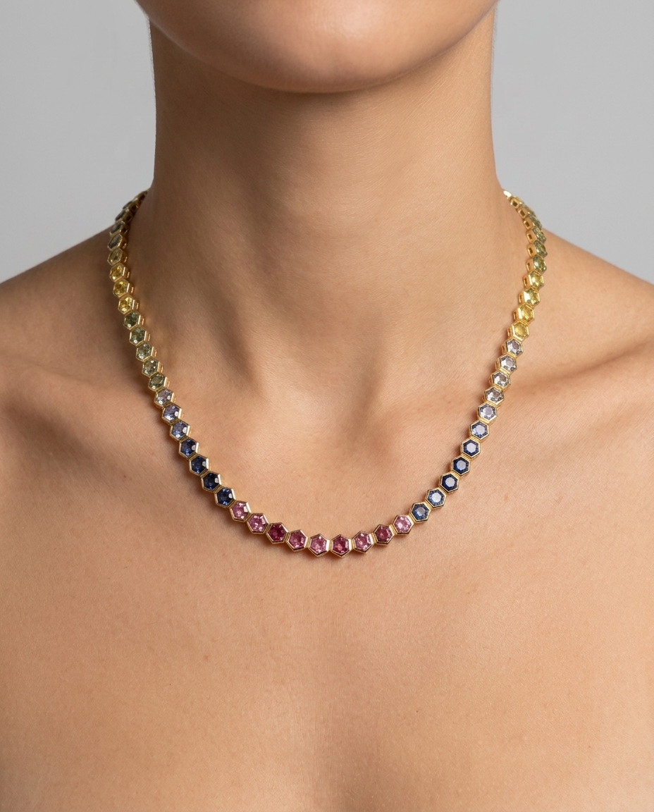 14KT Gold Multi Sapphire Necklace on model