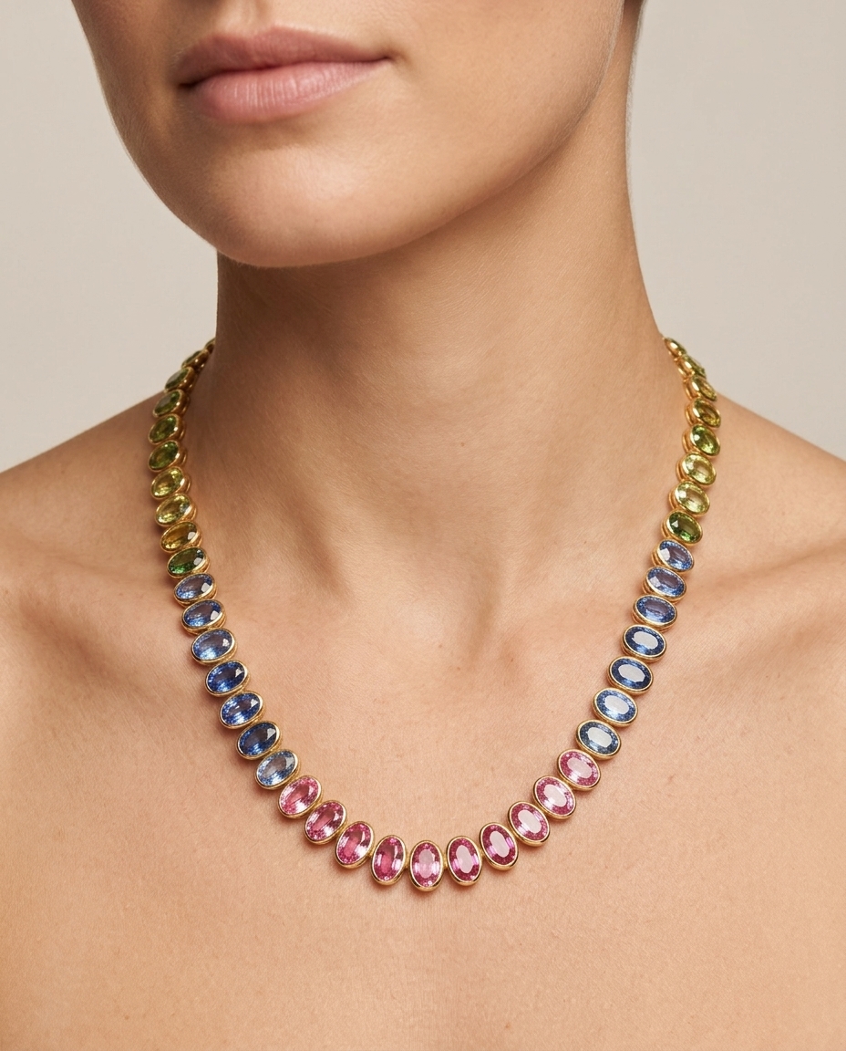 14KT Gold Multi Sapphire Necklace on model