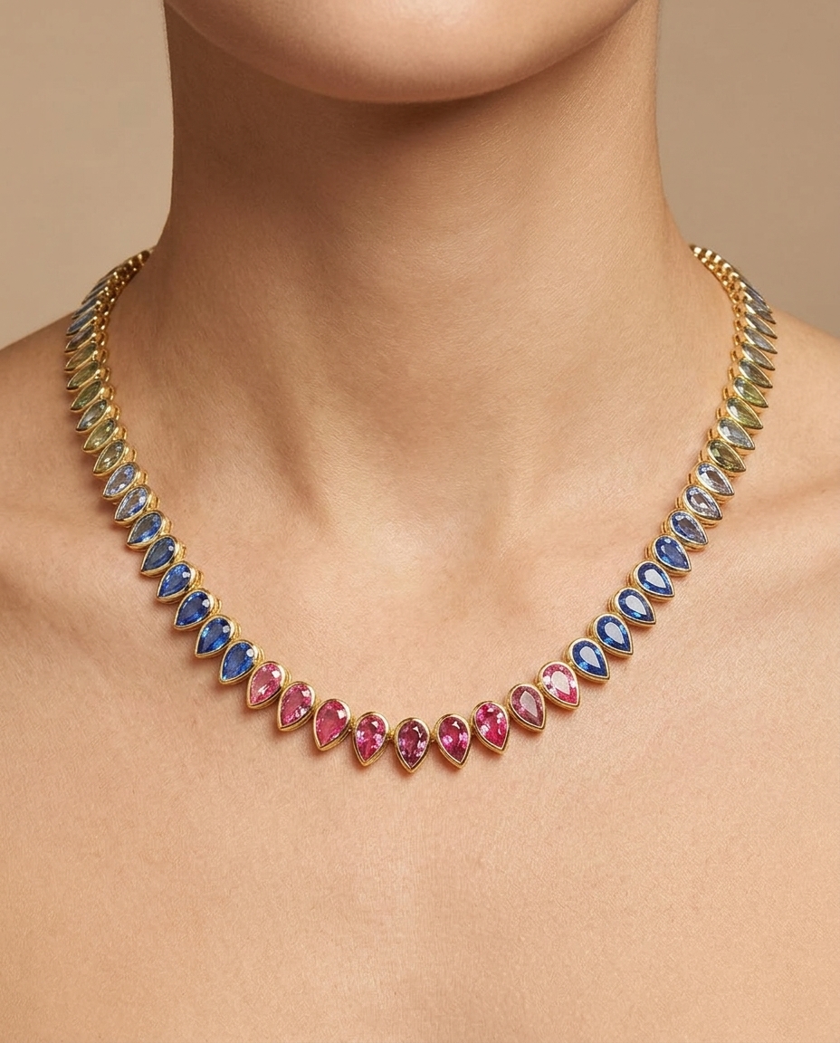 14KT Yellow Gold Pear Shape Multi Sapphire Necklace on model