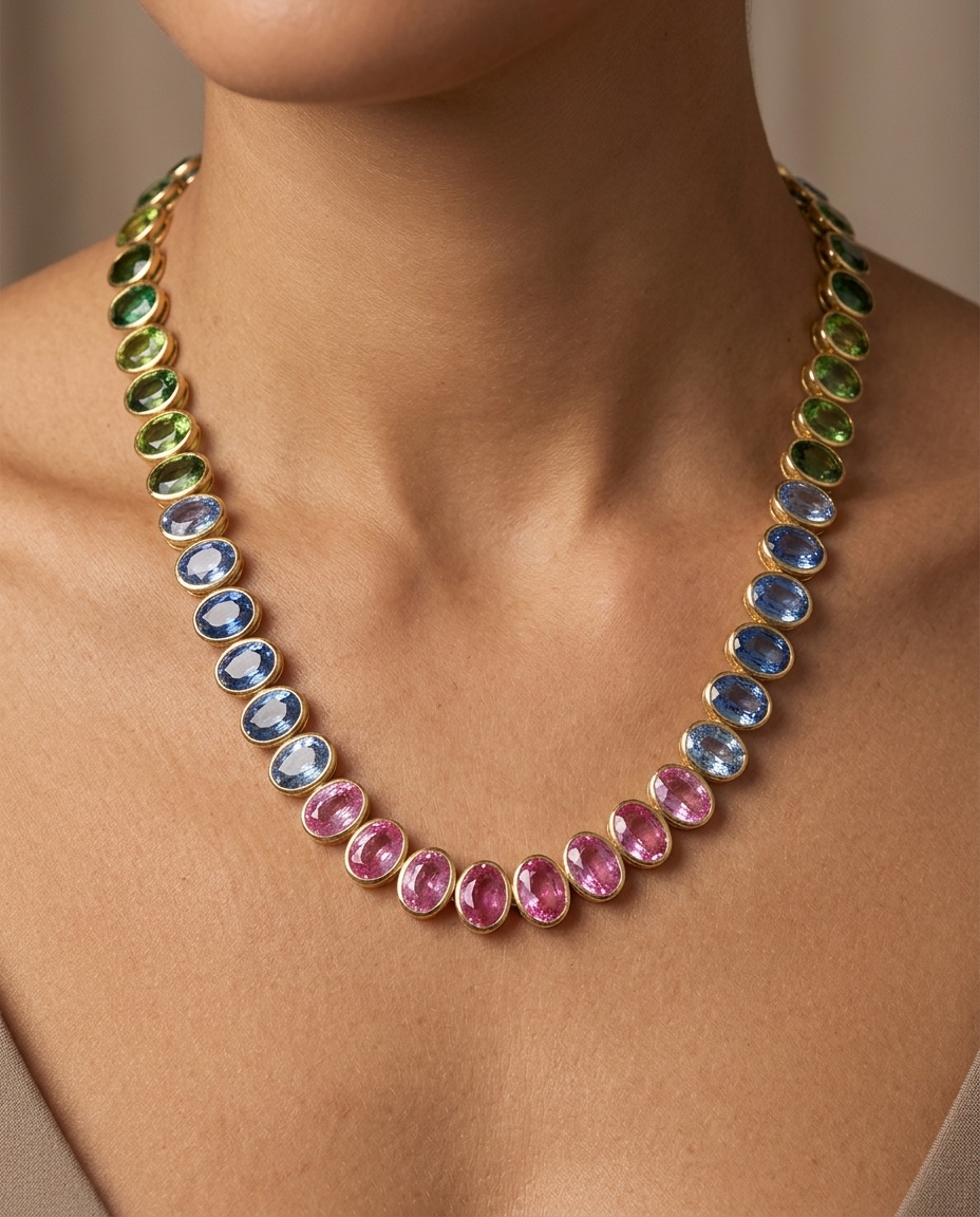 14KT Gold Multi Sapphire Necklace view 2