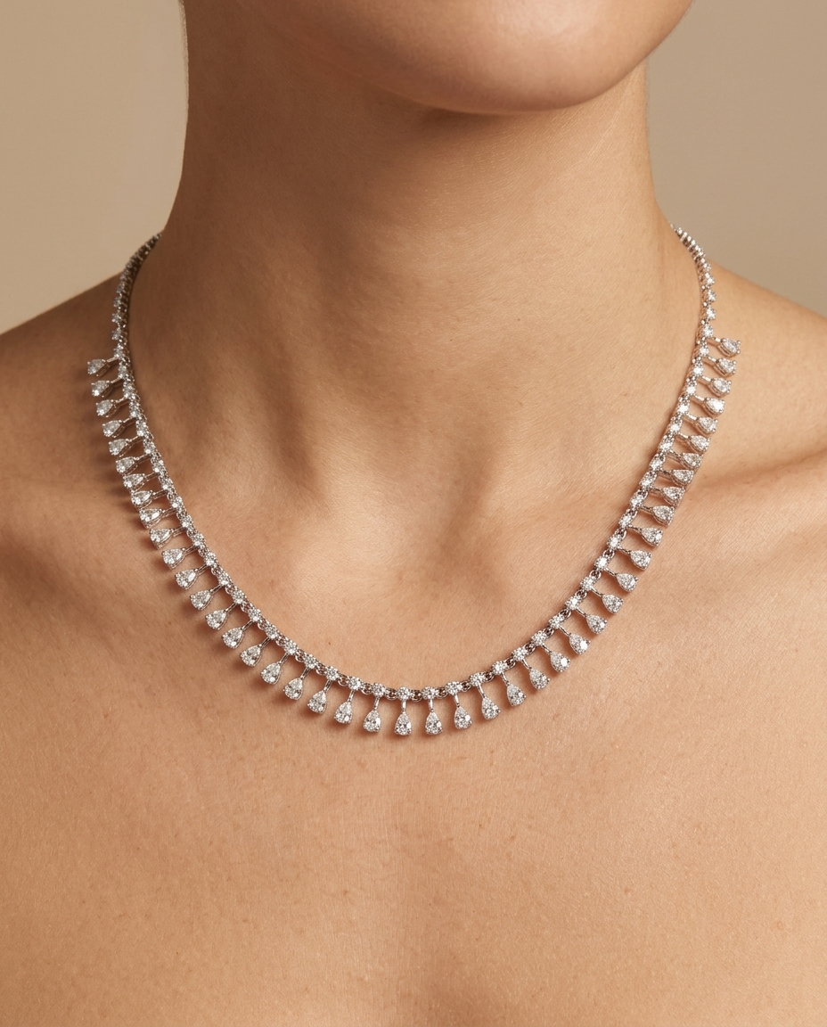 14KT White Gold Diamond Dangling Necklace on model