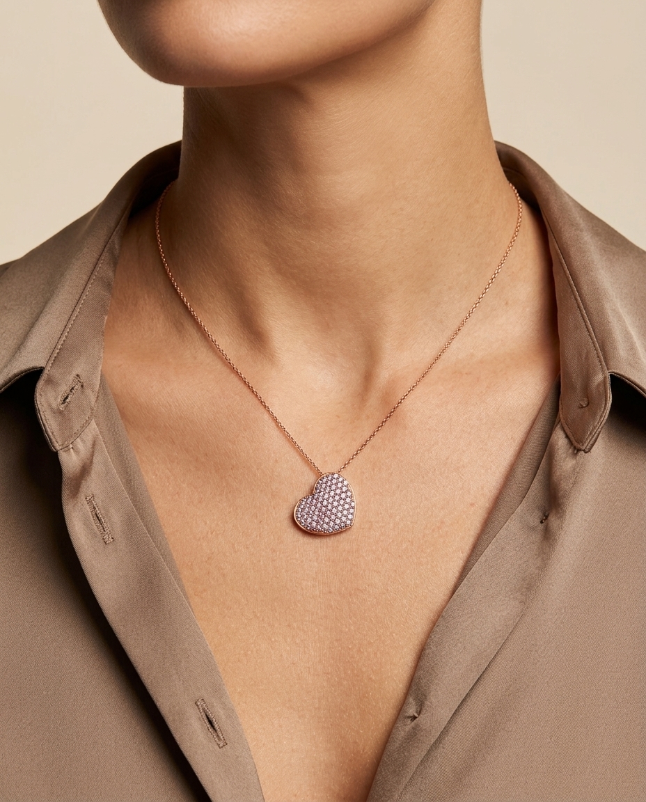 14KT Rose Gold Pink Diamond Heart Shape Necklace on model