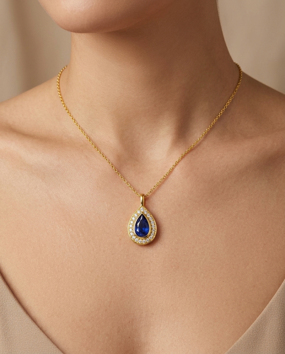 14KT Yellow Gold Blue Sapphire Pear Necklace on model