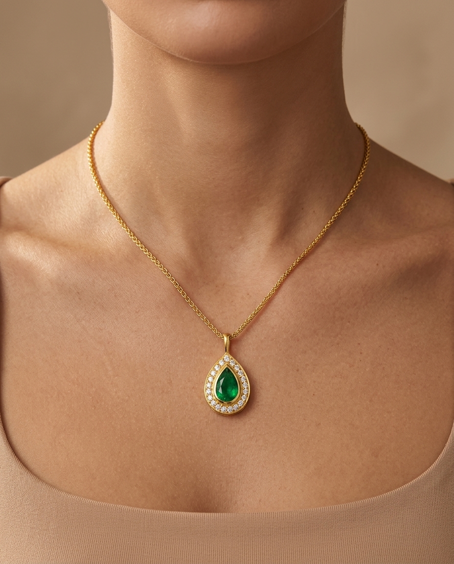 14KT Yellow Gold Emerald Pear Necklace on model