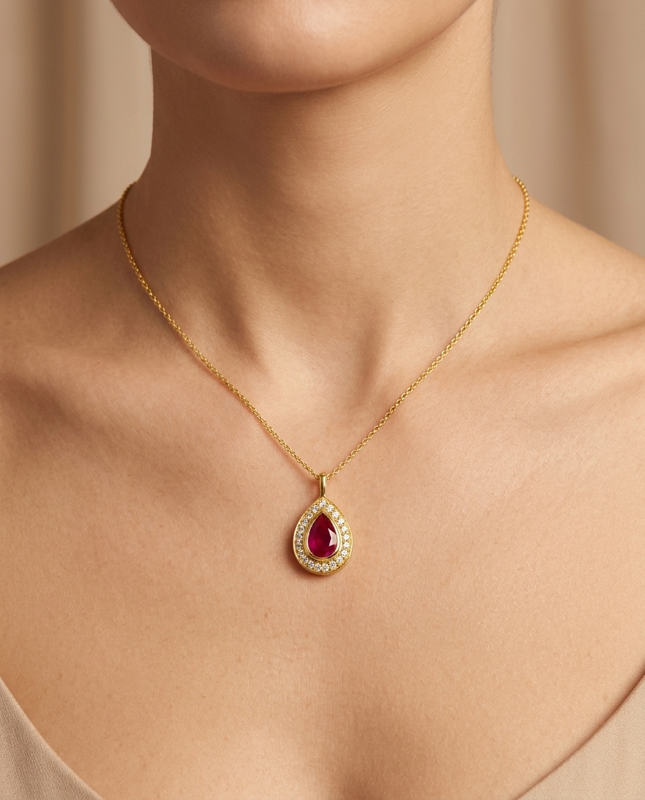 14KT Yellow Gold Ruby Pear Necklace view 2