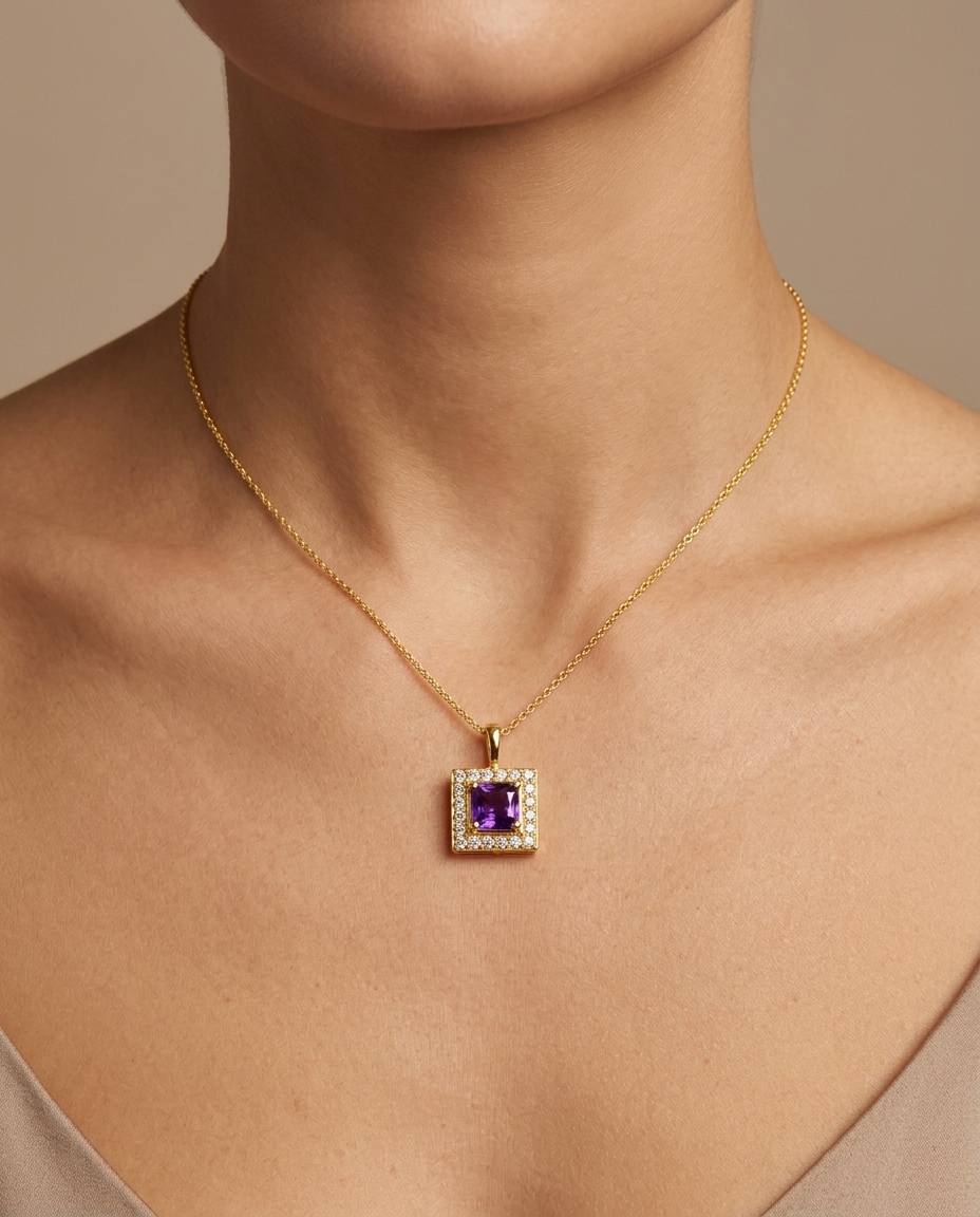 14KT Yellow Gold Amethyst Square Necklace on model