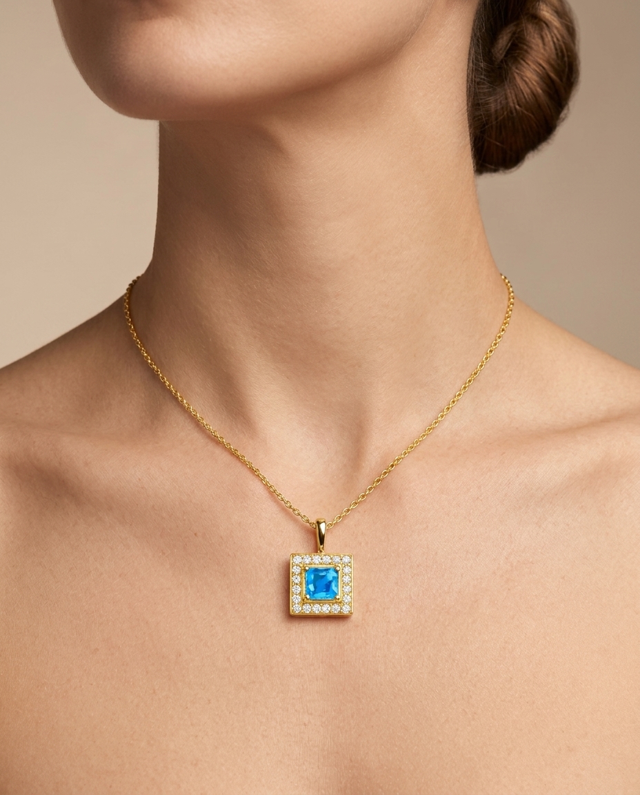 14KT Yellow Gold Blue Topaz Square Necklace on model