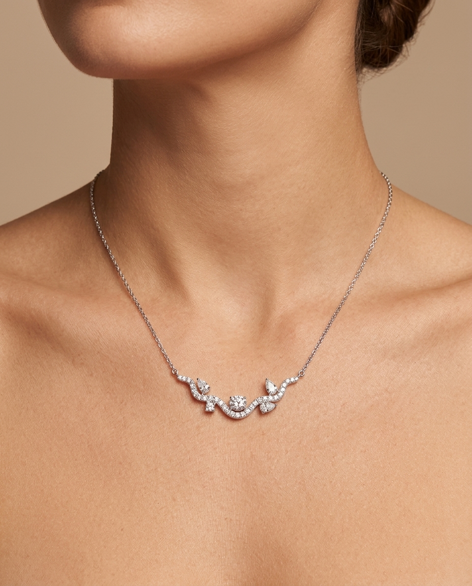 18KT White Gold Diamond Necklace on model