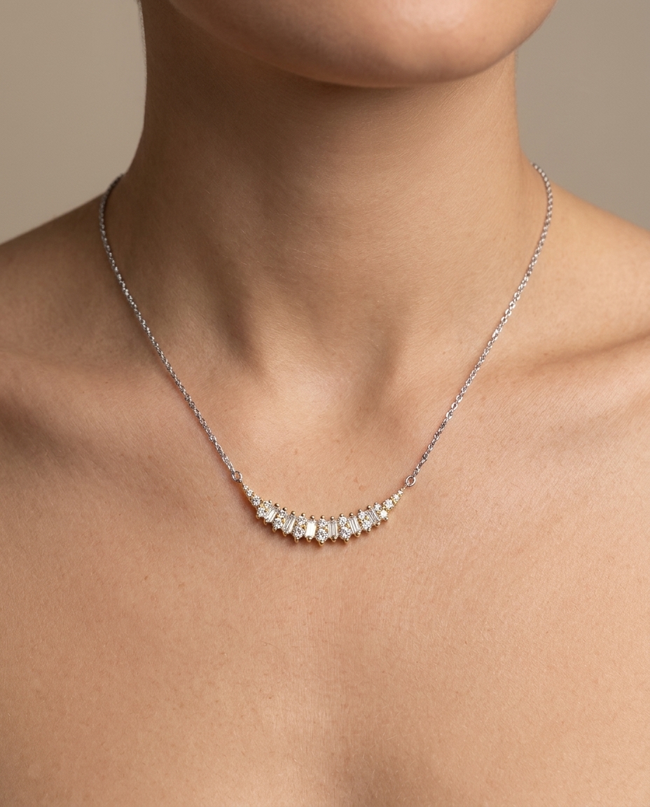 18KT White Gold Diamond Necklace on model