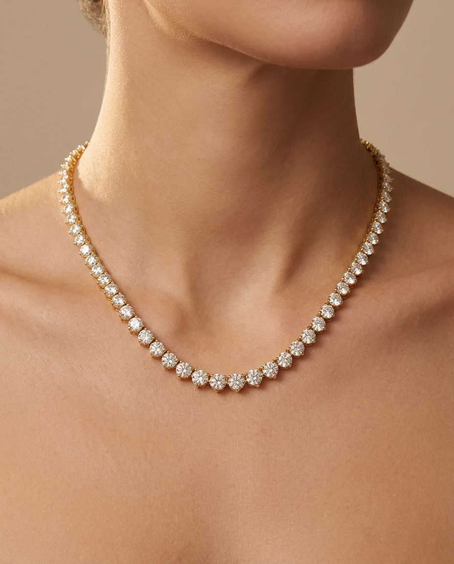 14KT Gold Diamond 3 Prong Tennis Necklace (10.00 CTS) on model