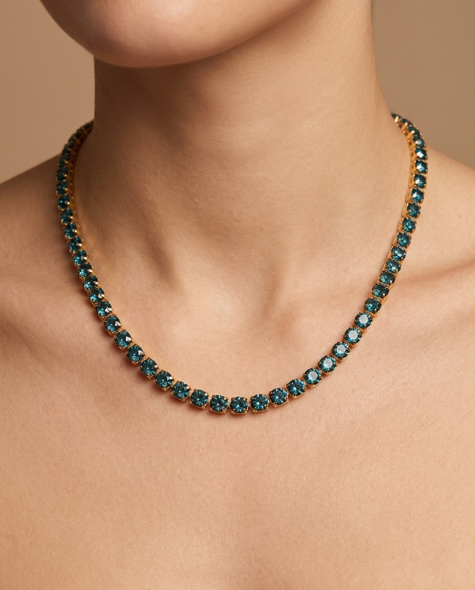 14KT Yellow Gold Blue Diamond Tennis Necklace on model