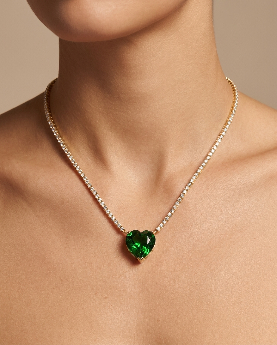 14KT Yellow Gold Green Tourmaline and Diamond Tennis Necklace on model