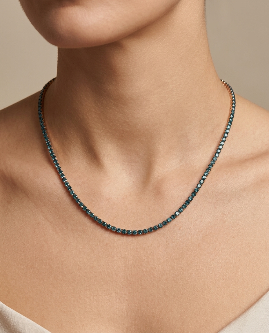 14KT Gold Blue Diamond Bezel Tennis Necklace on model