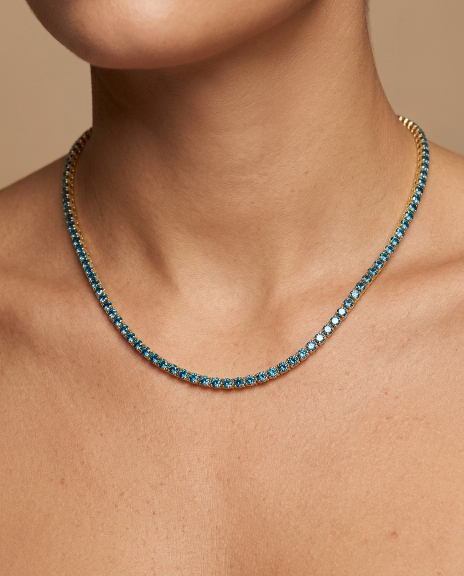 14KT Gold Blue Diamond Bezel Tennis Necklace on model